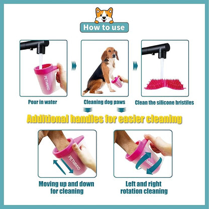 Dog Paw Washer with Handle, Absorbent Towels, Adjustable Bath Brush for Short & Long Hair (Muddy Pet Foot Cleaner), Pink, Medium