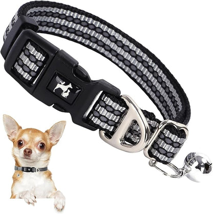 Reflective Dog and Cat Collar with Bell - Hypoallergenic Adjustable Puppy Collar for Small Pets, Soft Nylon Night Safety with Reflective Strips (Silver, XS)