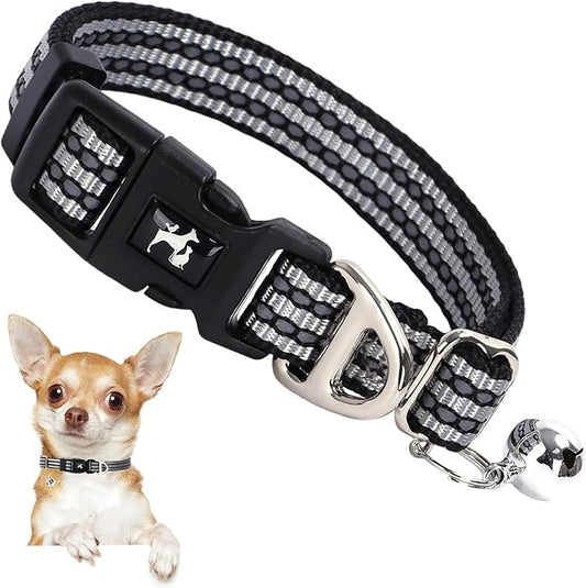 Reflective Dog and Cat Collar with Bell - Hypoallergenic Adjustable Puppy Collar for Small Pets, Soft Nylon Night Safety with Reflective Strips (Silver, XS)