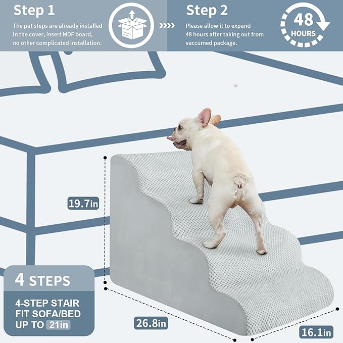 BOMOVA Dog Stairs for Small Dogs, 4-Step Dog Steps for Bed and Couch, High Density Foam Pet Stairs for Small Dogs and Cats, Non-Slip Bottom Dog Ramp, Light Grey, 2/3/4/5 Steps