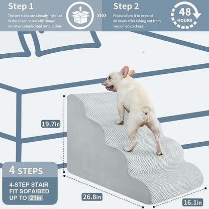 BOMOVA Dog Stairs for Small Dogs, 4-Step Dog Steps for Bed and Couch, High Density Foam Pet Stairs for Small Dogs and Cats, Non-Slip Bottom Dog Ramp, Light Grey, 2/3/4/5 Steps
