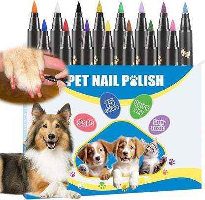 15 Colors Dog Safe Nail Polish Pen Quick Dry, Pet Nail Colors for Cats/Dogs/Birds/Rabbits, Easy to Apply