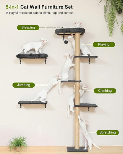 FUKUMARU Cat Wall Shelves, Stable 3-in-1 Wall Mounted Tree Set, Wooden Cats Furniture with Scratching Post, Space Saving Climbing Wall for 16 Inch Drywall - Gray