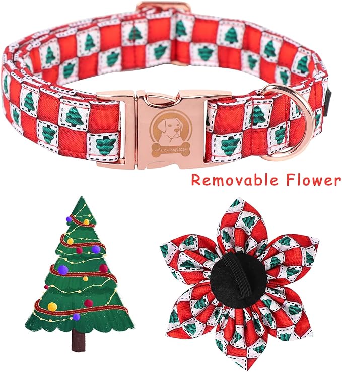 MR. CHUBBYFACE Christmas Dog Collar with Flower, Adjustable Christmas Tree Dog Collar with Metal Buckle, Cute Durable Cotton Boy Girl Dog Collars for Small Medium Large Dogs