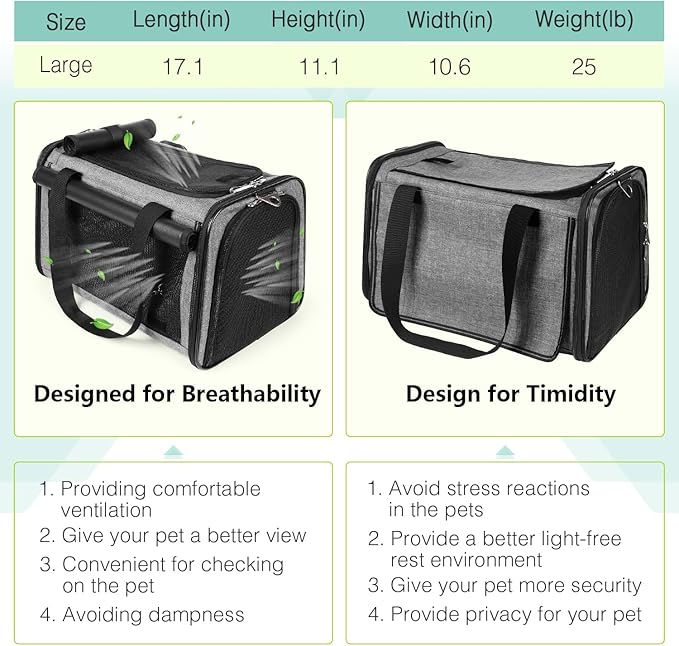 YUDODO 25 lbs Lightproof Pet Carriers Airline Approved Dog Cat Travel Soft Sided Carrier Reflective Mesh Safe Pet Cat Carrier Foldable Portable Small Animal Rabbit Puppy Cat Carrier Grey Green
