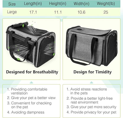 YUDODO 25 lbs Lightproof Pet Carriers Airline Approved Dog Cat Travel Soft Sided Carrier Reflective Mesh Safe Pet Cat Carrier Foldable Portable Small Animal Rabbit Puppy Cat Carrier Grey Green