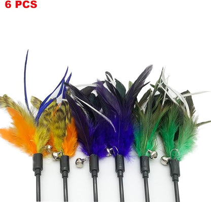 Cat Wand Toy Feather Stick Cat Toys, 6 Pieces Interactive Cat Toy Feathers Wand for Indoor Cats (C)