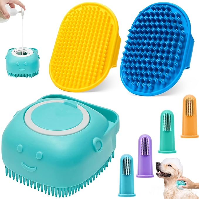 Dog Massage & Bath Brush 4PCS  Soft Silicone Shampoo Scrubber for Dogs and Cats, Perfect for Grooming and Deshedding (Blue)