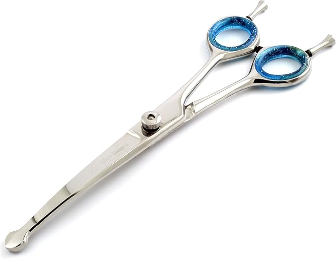 7" Downward Curved,Professional Pet Grooming Scissors, Double Finger Rest, Ball Round Tip