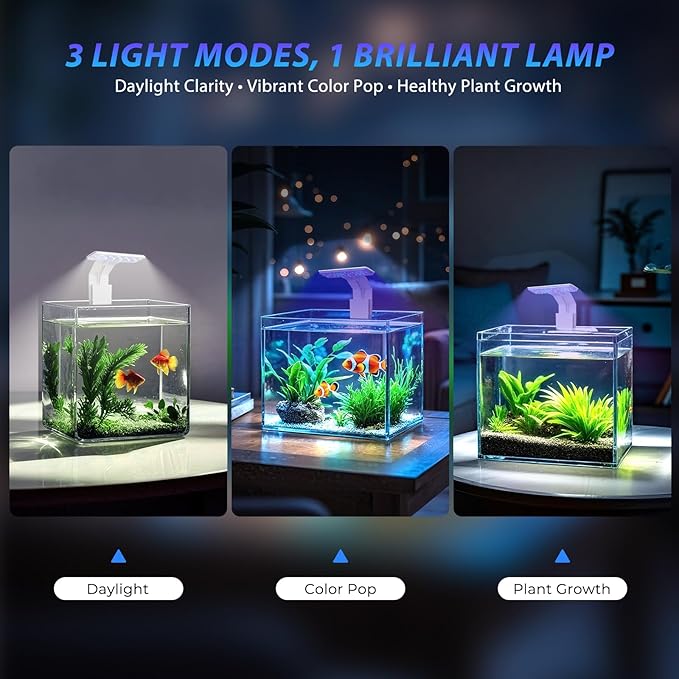 Mini Clip-On Aquarium Light 7W USB Dimmable Fish Tank Lamp with 3 Light Modes (Full Spectrum/White/RGB), 9-Level Brightness, Compact LED Light for 1–3 Gallon Aquariums
