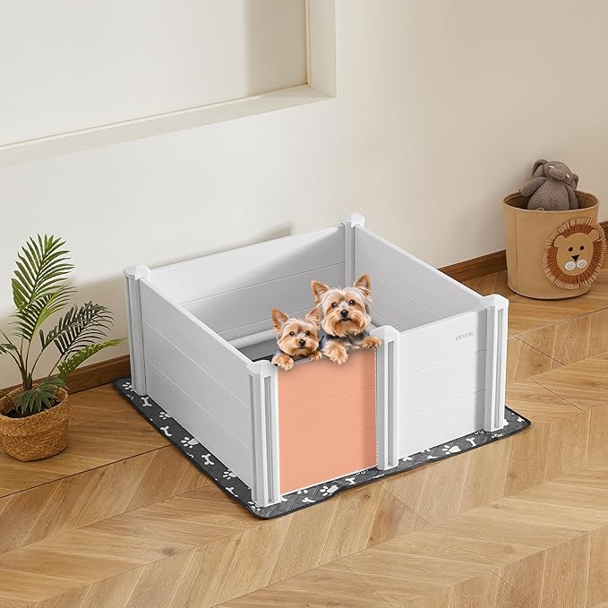 VEVOR Dogs Whelping Box, 38.6 x 38.6 x 18.1 inch, Plastic PVC Puppies Playpen with Height Adjustable Door and Washable Pee Pad, Anti-Deformation Indoor Puppy Play Pen for Medium Breed Dogs, Milk White