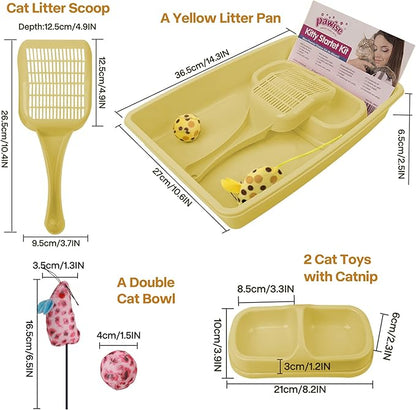 PAWISE Small Cat Litter Box, Kitten Litter Box Starter Kit, Low Entry Baby Kitten Training Litter Box with Scoop, Bowls,Cat Mouse Toy and Cat Ball Toy,First Catty Owner Essentials (Yellow)