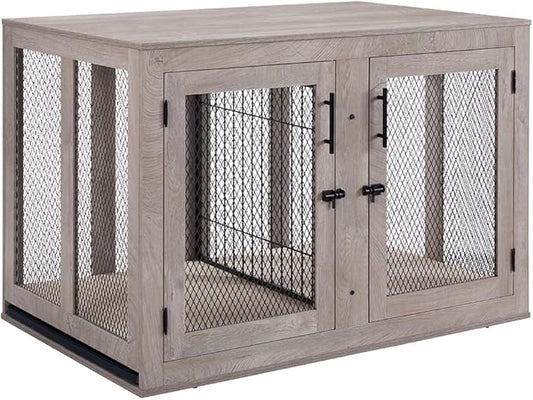 unipaws 46.7" Extra Large Dog Crate Furniture with Divider for 2 Dogs, Wooden Dog Kennel for XLarge Breed, XL Wood Dog Cage, End Table Crate with Tray, for Dogs Up to 90 lbs