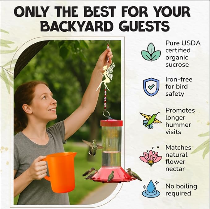 USDA Organic Hummingbird Nectar, Iron-Free, 2 x 8oz Concentrate Pouches with Feeder, All-Natural, Dye-Free USDA Certified Nectar for Outdoor Hummingbird Feeding
