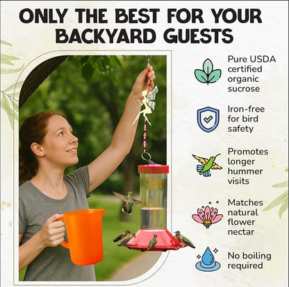 USDA Organic Hummingbird Nectar, Iron-Free, 12 x 8oz Concentrate Pouches, All-Natural, Dye-Free Nectar for Backyard Feeders, Bulk Hummingbird Food Mix for Outdoor Bird Lovers