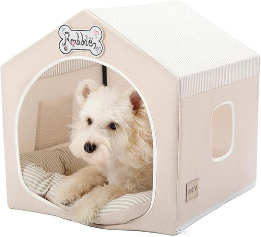 Jiupety Indoor Dog House with Frame, Cute Dog Tent Bed with Cover Cave, Breathable, Washable, and Foldable House, Suitable for 10-20 Lb Puppy and Cats, Medium (17"×17"×17"), Beige