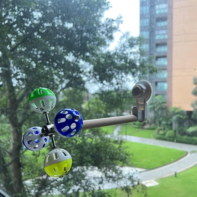 Window Suction Cup Bird Perch Toy for Parakeet, Movable Parrot Stand with Rotating Balls Bells for Window Mirror Glass Mount, Spinning Perch Toy (White, Suction Cup)