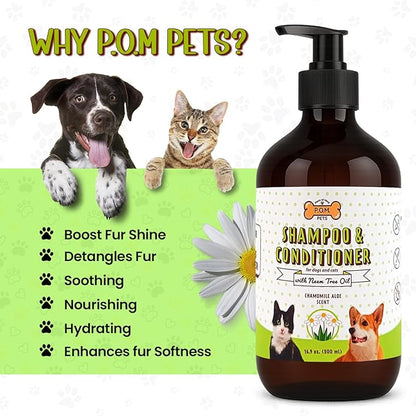 POM Pets 2-in-1 Organic Dog Shampoo & Conditioner – Itchy Skin Relief, Dog Deshedding, Detangles Fur, Cat Shampoo, Paw Cleaner for Dogs, Natural Coat Defense Formula