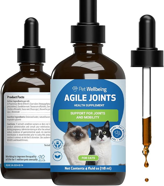 Pet Wellbeing Agile Joints for Cats - Veterinarian-Formulated - Hip and Joint Health, Mobility, Devil_ Claw, Boswellia, Joint Ligament and Cartilage - Herbal Supplement 4 oz (118 ml)