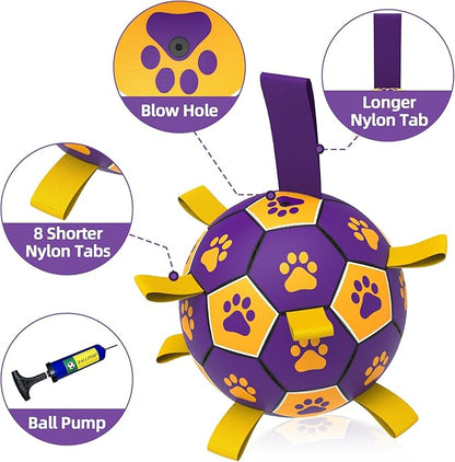 QDAN Dog Ropes Toys Soccer Ball with Straps, Interactive Dog Toys for Tug of War, Puppy Birthday Gifts, Dog Tug Toy, Dog Water Toy, Durable Dog Balls for Small & Medium Dogs（6 Inch）