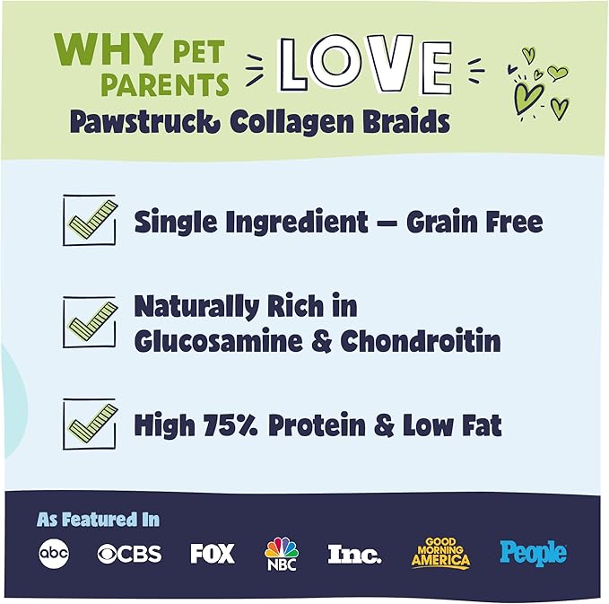 Pawstruck Natural Large 10-13 Beef Collagen Braids for Dogs - Healthy Long Lasting Alternative to Traditional Rawhide & Bully Sticks w/Chondroitin & Glucosamine - 3 Count - Packaging May Vary
