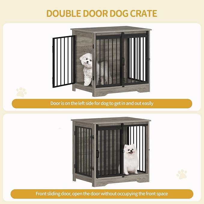Dog Crate Furniture, 27.2" Double Door Dog Crate with Barn Door, Dog Kennel Indoor, End Side Table Wooden Dog Crate for Small Medium Dog, Anti-Chew Anti-Escape, Greige DFC84305B