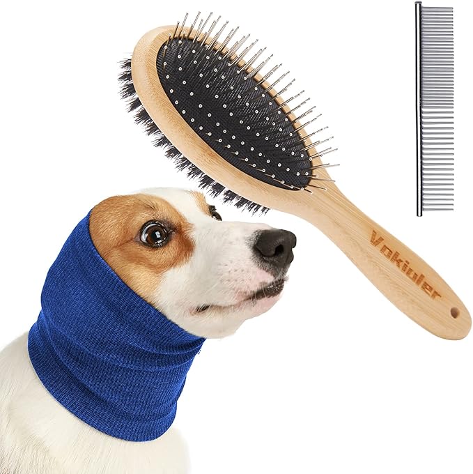 Quiet Ears for Dogs with Dual Sides Dog Brush and Dog Comb, Dogs No Flap Ear Wraps for Anxiety Relief, Calming, with Professinal Grooming Brush