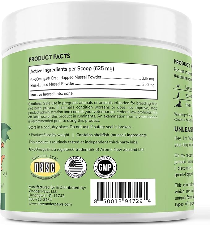 Premium Green Lipped Mussels for Dogs  Pure New Zealand Green Lipped Mussel Powder with Blue Lipped Mussels for Dogs  for Hip and Joint Flexibility, Mobility, Strength, Tendons and Muscles  2.60oz