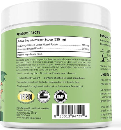 Premium Green Lipped Mussels for Dogs  Pure New Zealand Green Lipped Mussel Powder with Blue Lipped Mussels for Dogs  for Hip and Joint Flexibility, Mobility, Strength, Tendons and Muscles  2.60oz