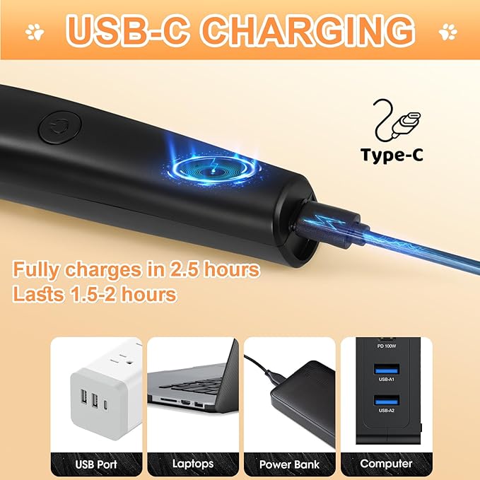 4 in 1 Dog Grooming Kit with USB-C Charging, Paw Trimmer for Small Dogs, Cats, Pet Hair Clippers Dog Nail Grinder, Low Noise Cordless Hair Trimmer with 2 Speed Modes