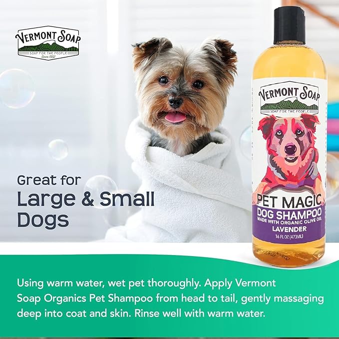 VERMONT SOAP Organics Pet Shampoo - Infused with Organic & Natural Olive Oil, Coconut & Aloe Vera Dog Shampoo for Sensitive Skin - USDA Certified Grooming Pet Shampoo (16oz)