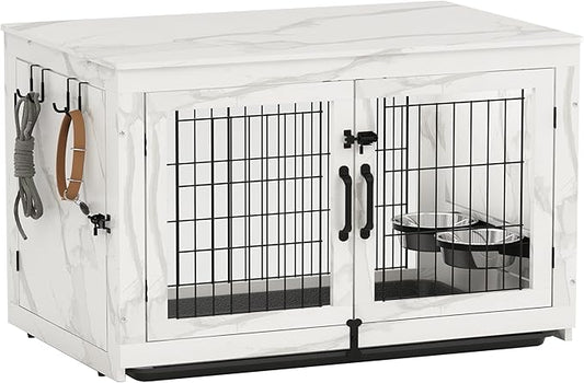 Piskyet Wooden Dog Crate Furniture with 360°Rotatable Removable Dog Bowls, Dog Crate End Table with Tray, Double Doors Dog Kennels forDogs(L:37.7" L*25.1" W*26.1" H, Marble White)