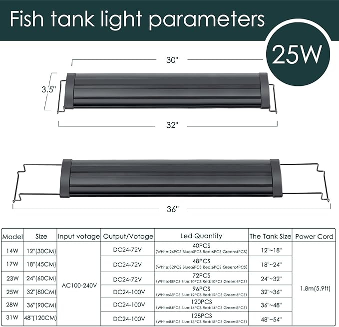 AQQA Aquarium Light,Full Spectrum LED Fish Tank Lights,12"-54" Adjustable Multi-Color White Blue Red Green LEDs with Extendable Brackets,14W-31W for Freshwater Plants (25W (32"-36"))