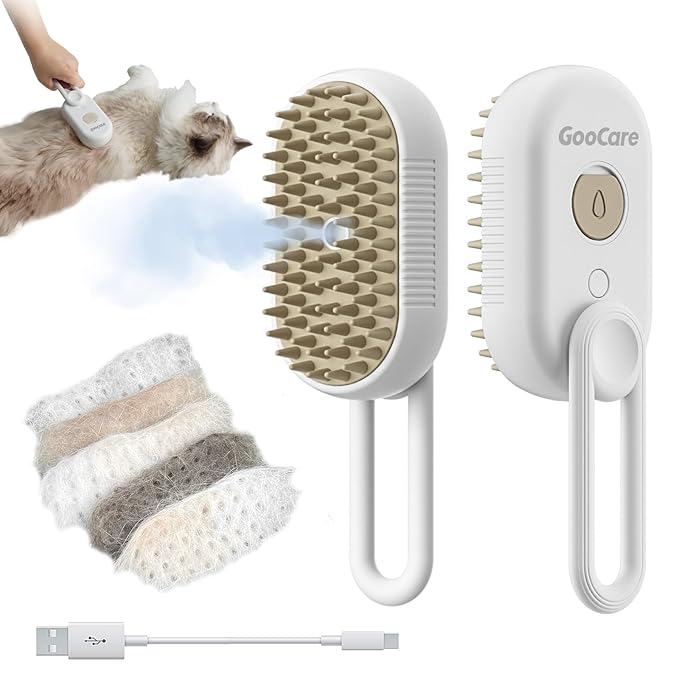 Gen 2 3-in-1 Cat Steam Brush for Shedding, Pet Hair Removal Water Comb, Spray Cat Grooming Brush for indoor Haired Cats, Dogs, Rabbits (Beige)