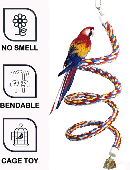 2PCSx 79inch(200cm) Bird Spiral Rope with Golden Bell Perches Birdcage Swing Toys 100% Cotton Natural Bird Perch Peck/Chewing Climbing Standing Bungee Parrot Toys for Regular to Large Size Parrot