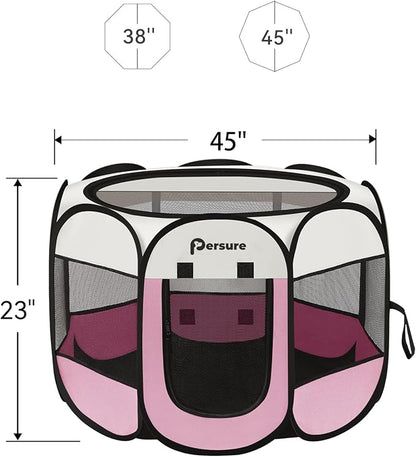 Dog Cat Playpen Indoor Outdoor for Puppy Pet Travel, Dogs Enclosure Tent Crates Cage for Recovery After Surgery, Portable Pop Up Dog Kennel with Carrying Case(Pink, Large)