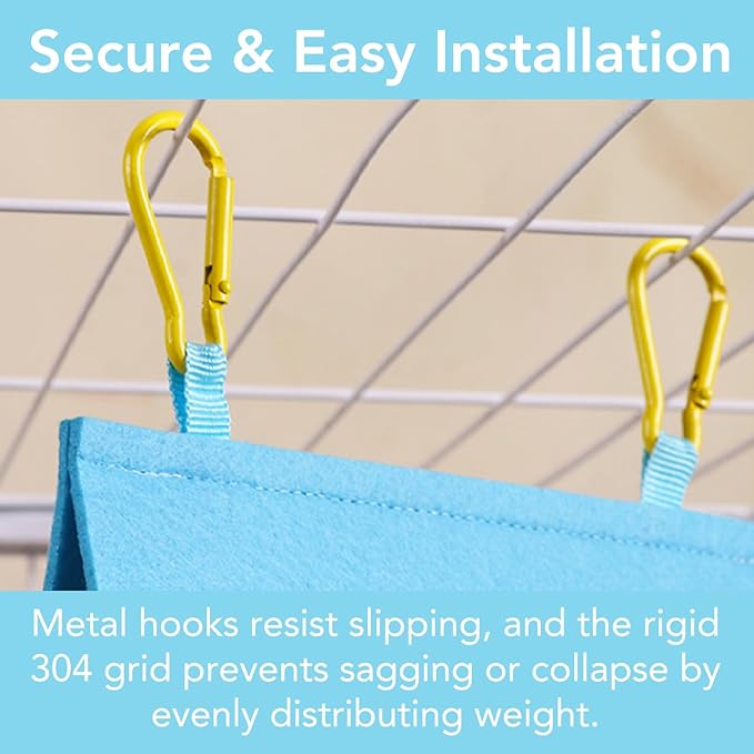 Felt Bird Bed for Cage with 304 Stainless Steel Grid - Large Size (9.4"x6.3"x8.3") - Hanging Hammock Swing Bird Tents for Parakeets, Budgies, Conures -Azure