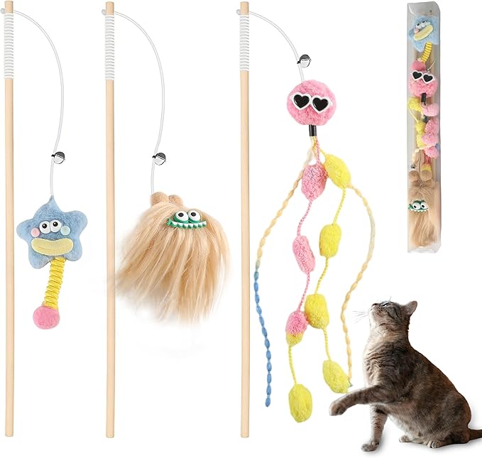 Elastic Cat Wand Toy Funny Interactive Plush Cat Fishing Pole Toy with Bell Soft Natural Wood Kitten String Toys for Indoor Cats Kittens Bored Cats (3 Pack)