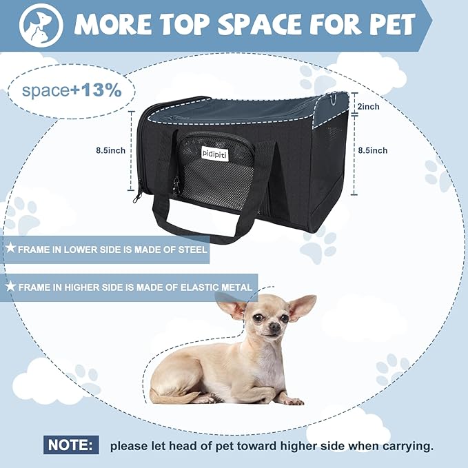 17 x 12 x 8.5 TSA Approved pet Carrier for Extra-Small Dog Under 6-8 lbs and Small cat Under 8-10 lbs,10.5'' Higher Side with Elastic Frame to Putted underseat for jetblue Spirit Airlines.