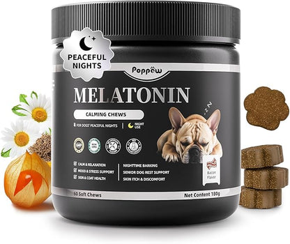 Melatonin for Dogs, Calming Chews with Valerian Root & L-Theanine for Sleep Aid & Emotional Support, Calming Treats for Stress Anxiety Relief - Thunder, Fireworks, Barking, Bacon Flavor, 60Ct