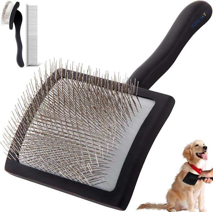 Dog Slicker Brush for Shedding and Grooming Medium or Long Haired Cats, Extra Long & Soft Pin Slicker Brush for Removes Loose Hair, Tangles, Knots, Undercoat, Free Pet Comb, Large Black