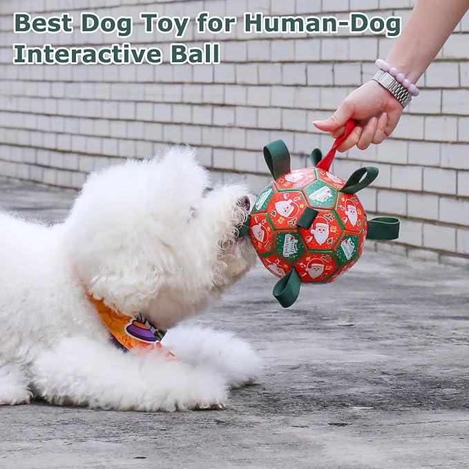 QDAN Christmas Dog Toys Soccer Ball with Straps, Outdoor Interactive Dog Toys for Tug of War, Puppy Birthday Gifts, Dog Tug Toy, Dog Water Toy, Durable Dog Balls for Medium & Large Dogs（8 Inch）