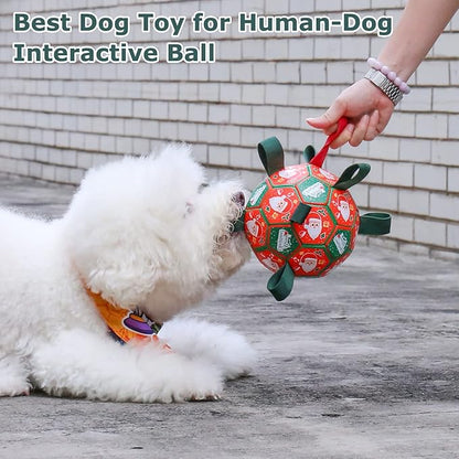 QDAN Christmas Dog Toys Soccer Ball with Straps, Outdoor Interactive Dog Toys for Tug of War, Puppy Birthday Gifts, Dog Tug Toy, Dog Water Toy, Durable Dog Balls for Medium & Large Dogs（8 Inch）