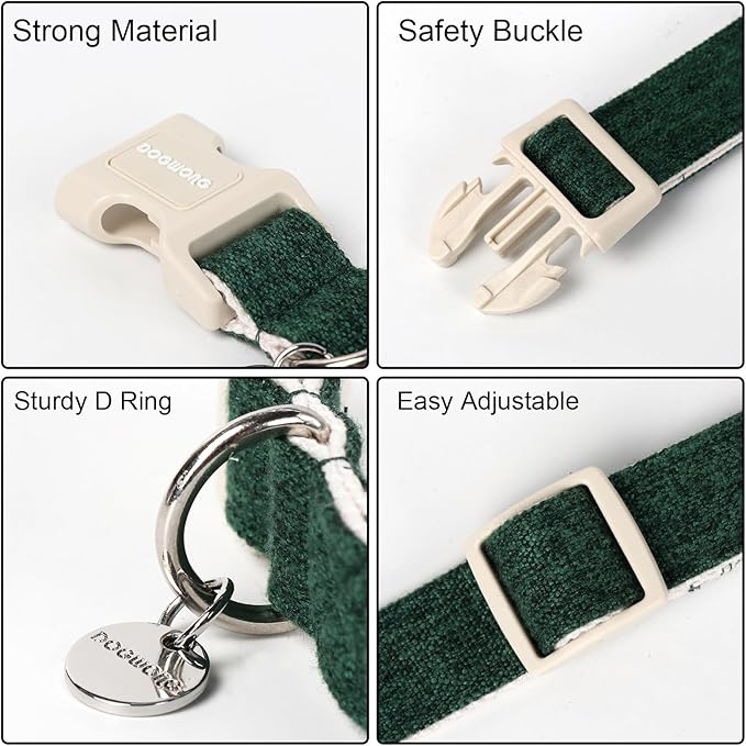 DOGWONG Cotton Hemp Dog Collar, Heavy-Duty Christmas Green Dog Collar Adjustable Soft Natural Fabric Pet Dog Collar Cute Holiday Puppy Necklace for Small Medium Large Dog