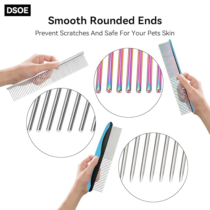 3 PCS Dog Combs for Grooming Matting, Pet Grooming Tools, 2 in 1 Dog Combs with Rounded Ends Stainless Steel Teeth, Cat Comb for Removing Tangles and Knots, Pet Comb, metal comb for dogs, 7.4IN/1.3IN
