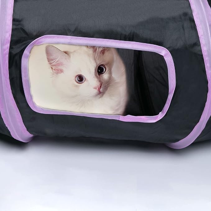Sheldamy Cat Tunnel, S-2-Way Cat Tunnels for Indoor Cats, Collapsible Cat Play Tunnel, Interactive Toy Maze Cat House with 1 Play Ball for Cats, Puppy, Kitty, Kitten, Rabbit (Pink & Black)
