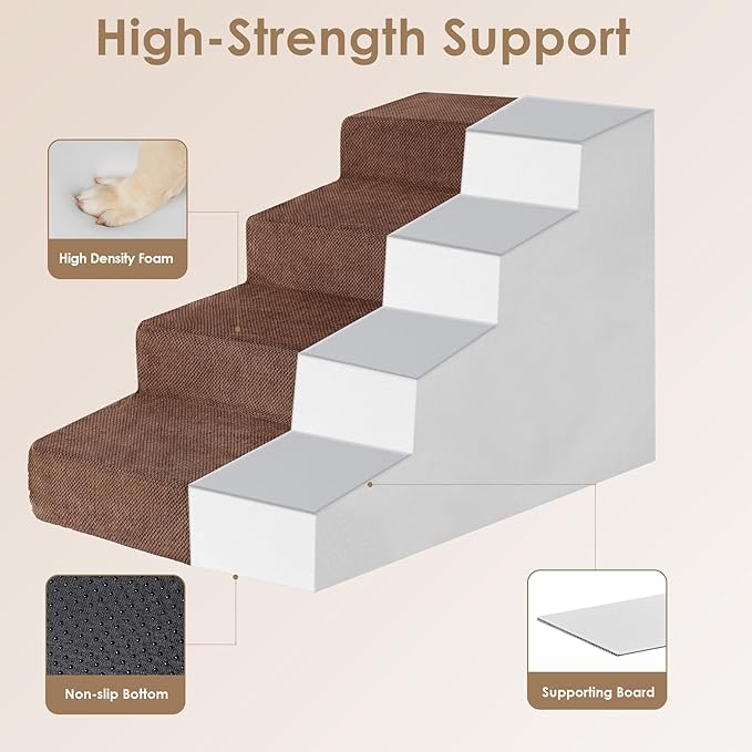 EHEYCIGA Dog Stairs for Beds 19.7" H, 4-Step Dog Steps for Small Dogs and Cats, Slope Pet Steps with Non-Slip Bottom, Brown