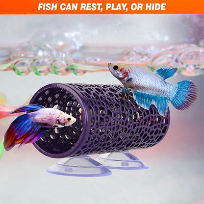 Abizoo Betta Cave - Purple Fish Tunnel with Holes for Small Fish & Shrimp Habitat, Betta Toys Shelter Hideaway, Moss Aquarium Ornament