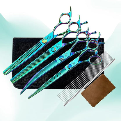 Dog Grooming Scissors: 5 in 1 Pet Shears Set Made Of Japanese 440C Advanced Stainless Steel Trimming Dogs Cats and Other Pets Green