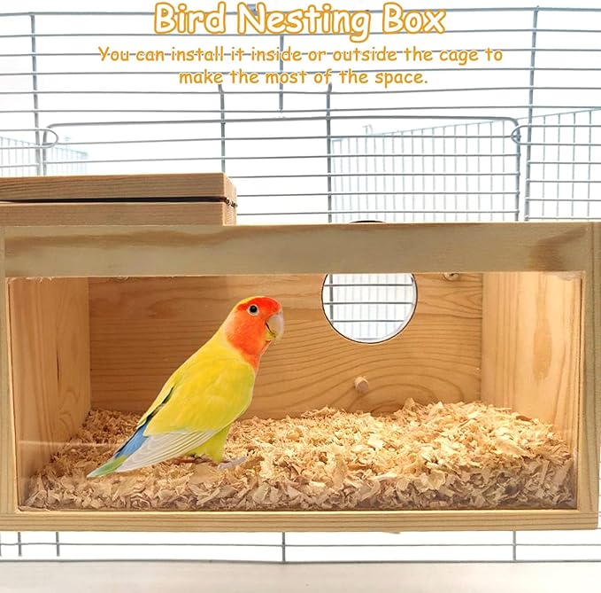 PINVNBY Large Natural Wood Parakeet Nesting Box Budgie Breeding Box Acrylic Bird Nest for Cage Transparent Panoramic for Birds, Parrots, Cockatiels, Lovebirds, Canaries (XL: 13.3 x 7.8 x 7.08 inch)